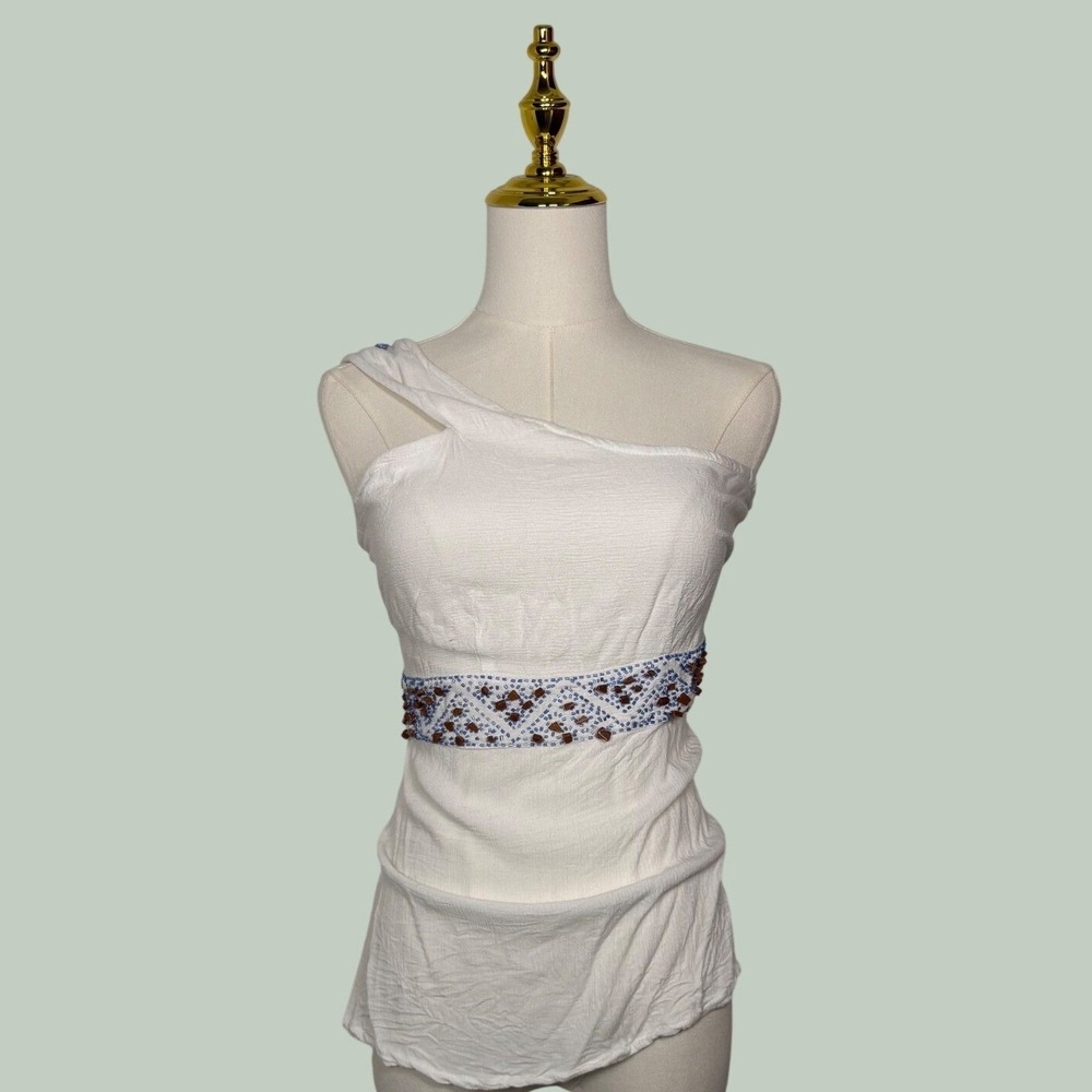 balina collection y2k 2000s‎ white beaded blue brown blouse top boho coquette